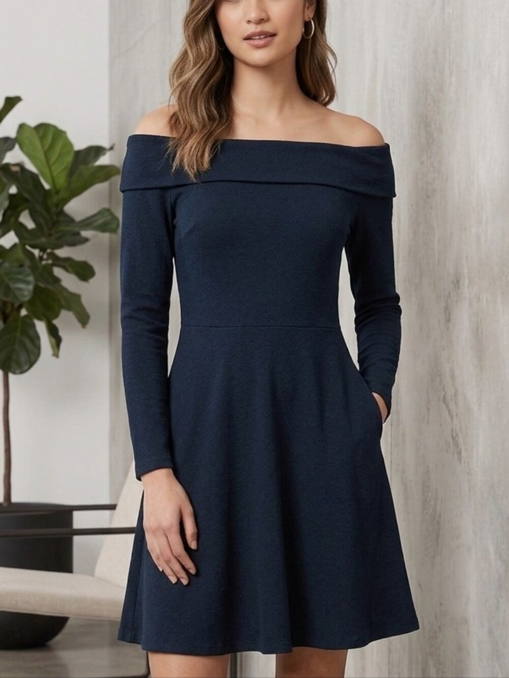BRAND NEW wTags H&M Off- Over The Shoulder Black Fit & Flare Dress Sz Size M